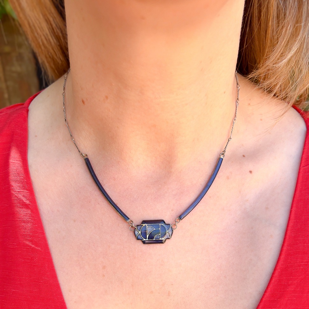 Vintage Art Deco Style Blue Enamel Necklace